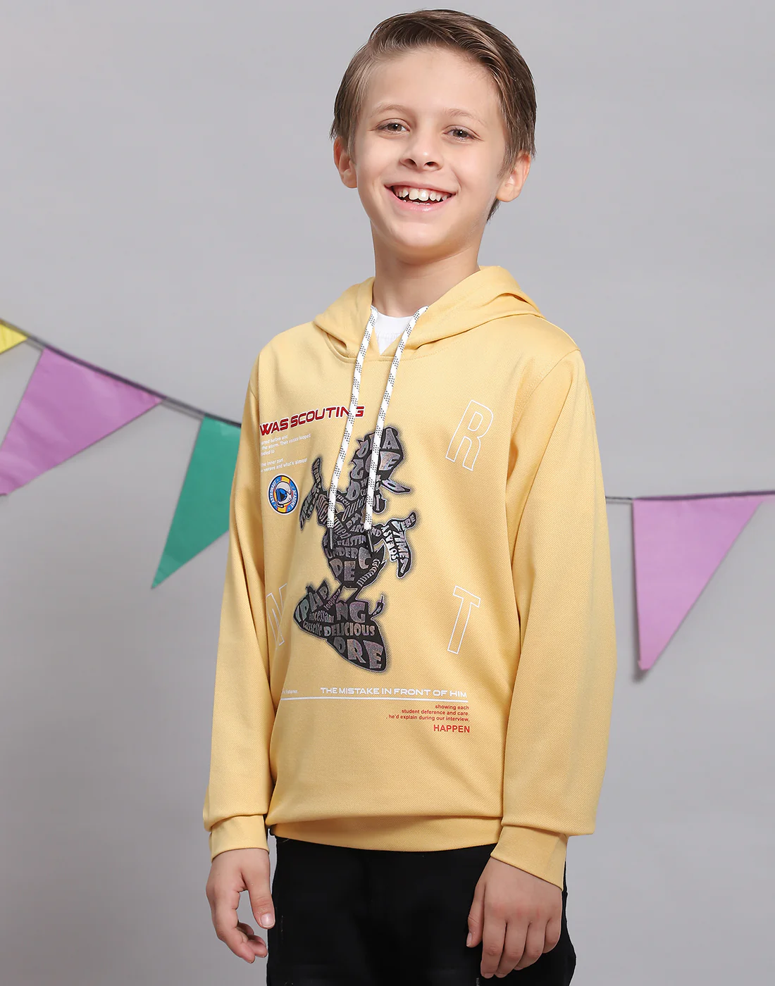 Boys Yellow Printed Hooded Full Sleeve T-Shirts - Image 3