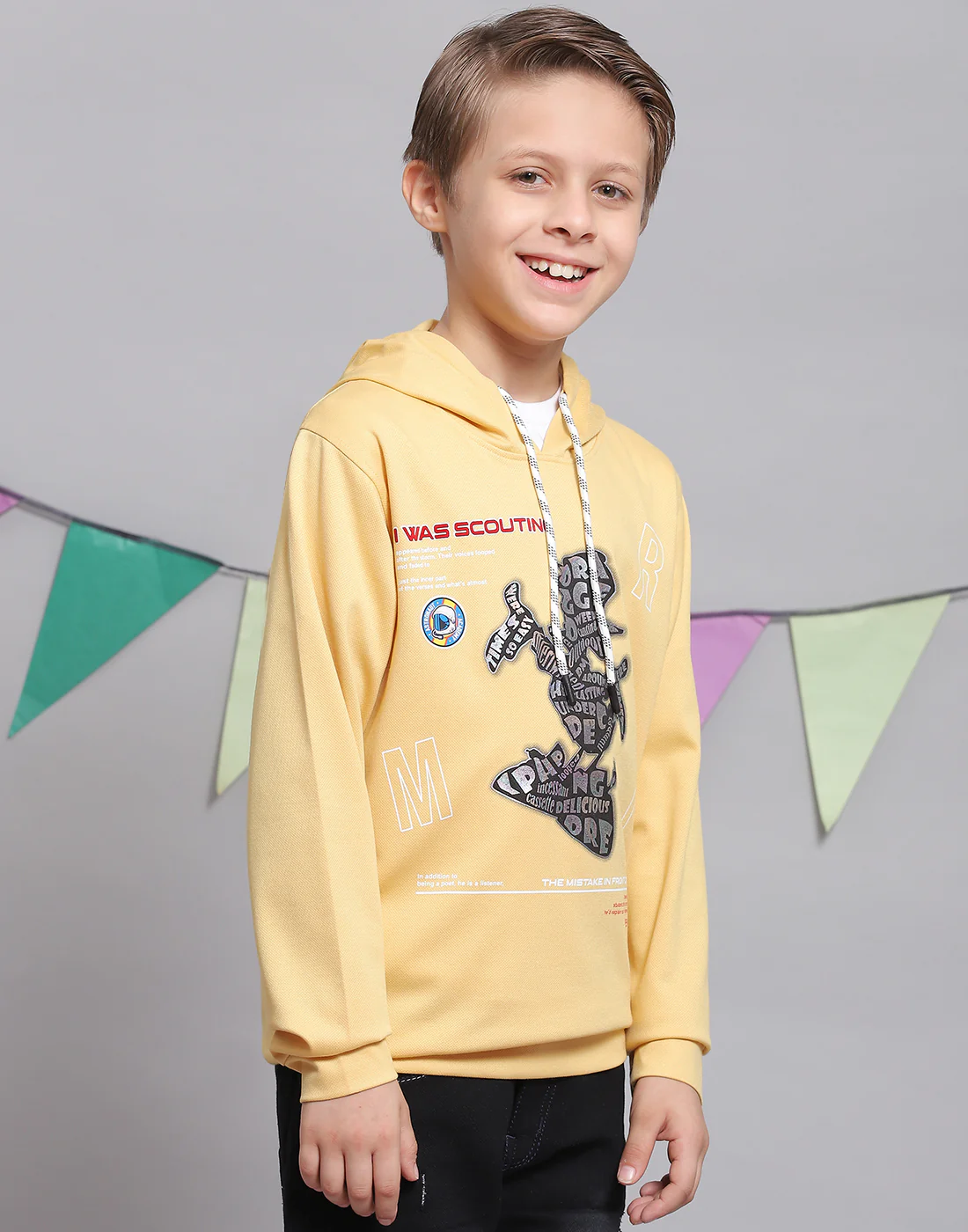 Boys Yellow Printed Hooded Full Sleeve T-Shirts - Image 4