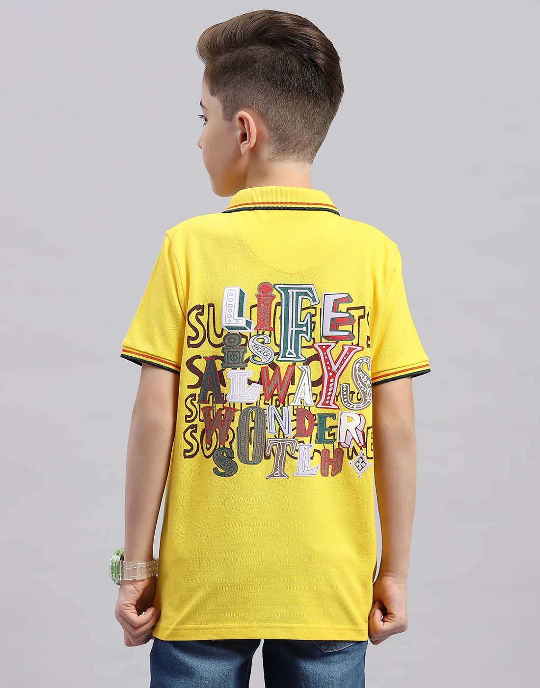 Boys Yellow Printed Polo Collar Half Sleeve T-Shirt - Image 5