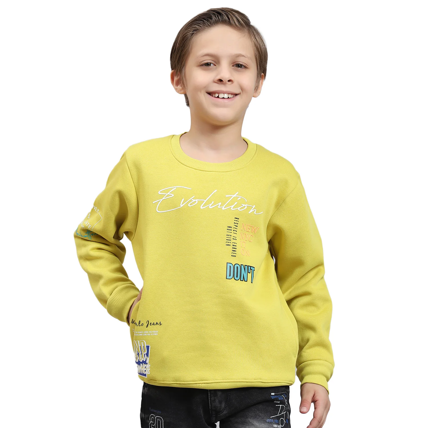 Boys Yellow Printed Round Neck Full Sleeve Sweatshirt - Image 5