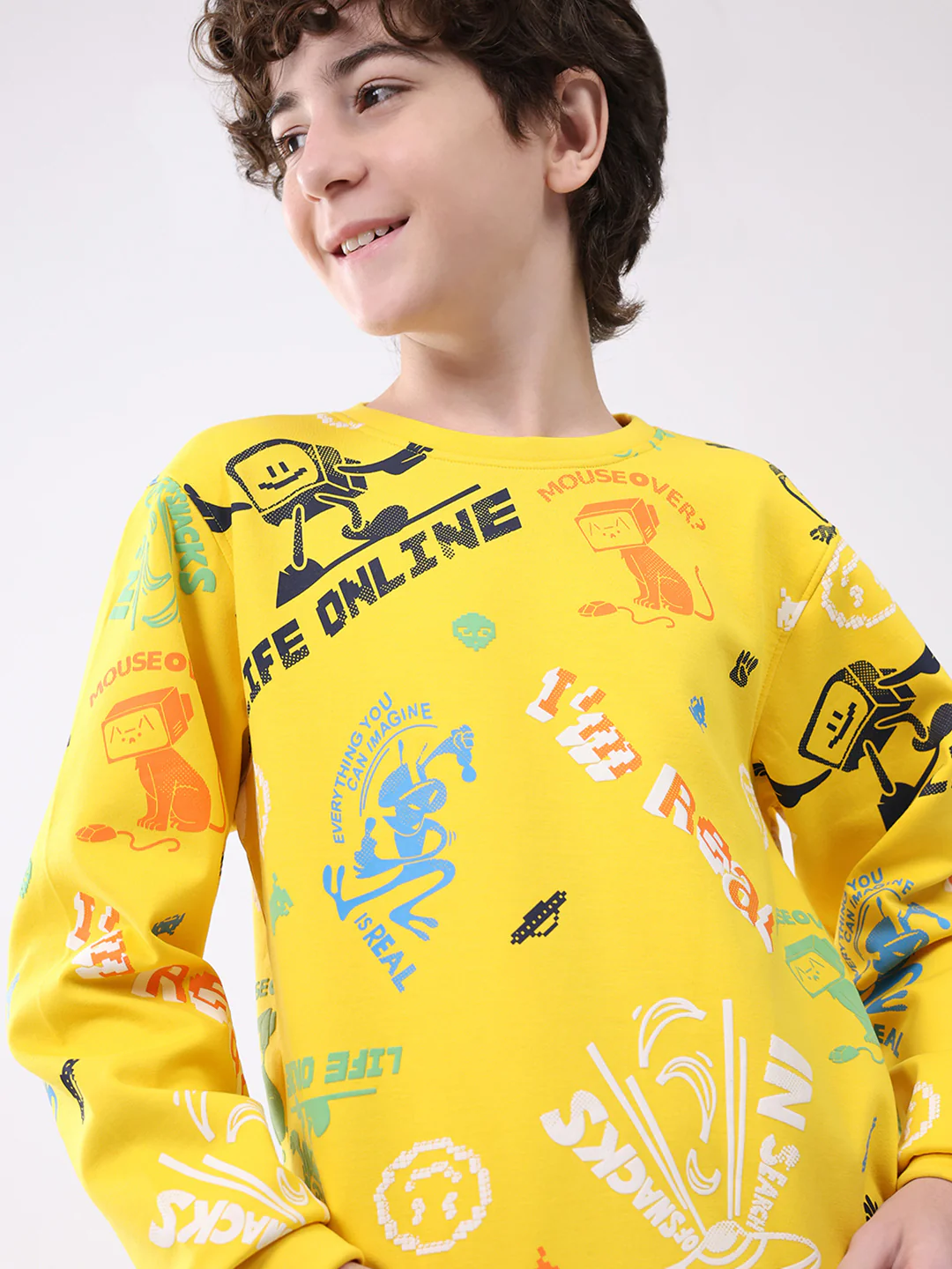 Boys Yellow Printed Round Neck Full Sleeve Sweatshirt - Image 6