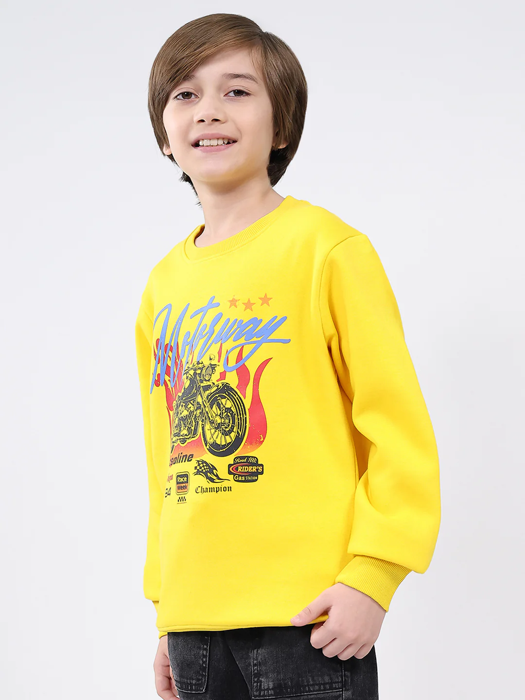 Boys Yellow Printed Round Neck Full Sleeve Sweatshirt - Image 3