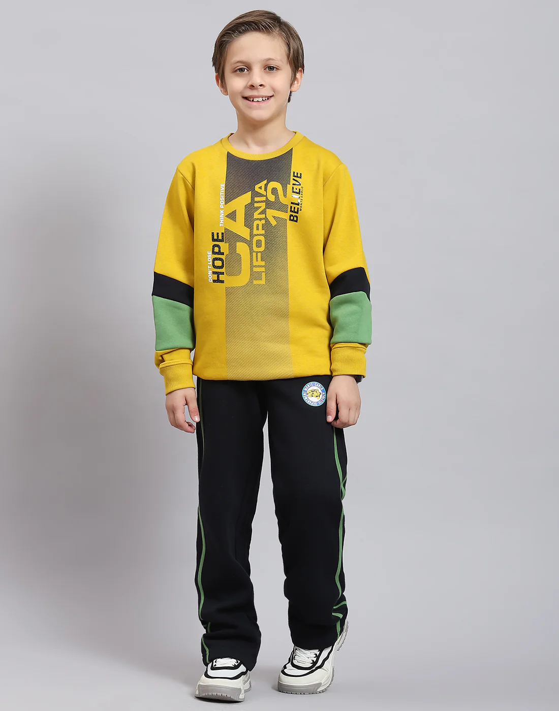 Boys Yellow Printed Round Neck Full Sleeve Tracksuit - Image 2