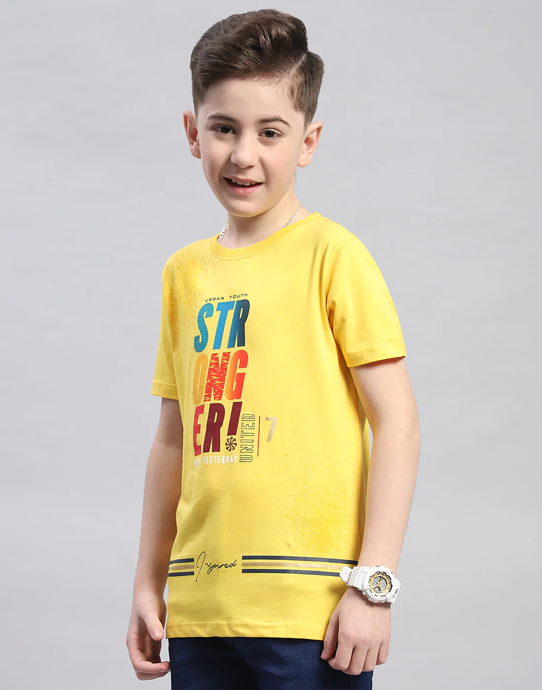 Boys Yellow Printed Round Neck Half Sleeve T-Shirt - Image 3