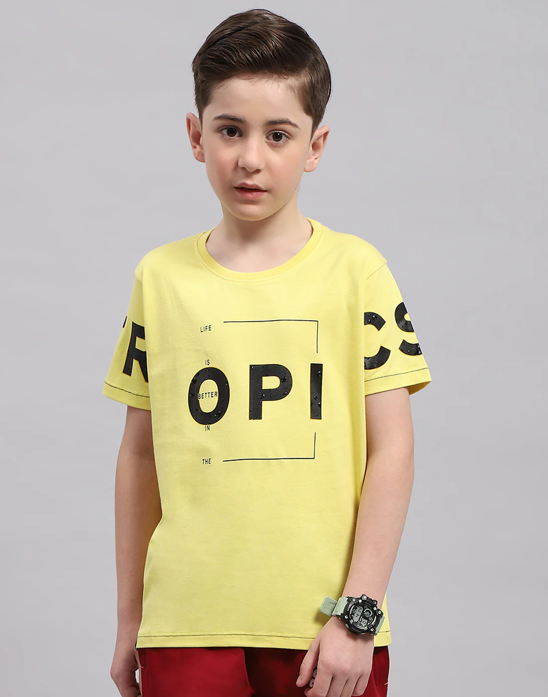 Boys Yellow Printed Round Neck Half Sleeve T-Shirt - Image 2
