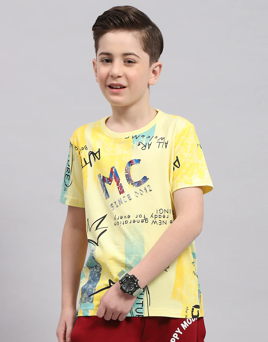Boys Yellow Printed Round Neck Half Sleeve T-Shirt - Image 2
