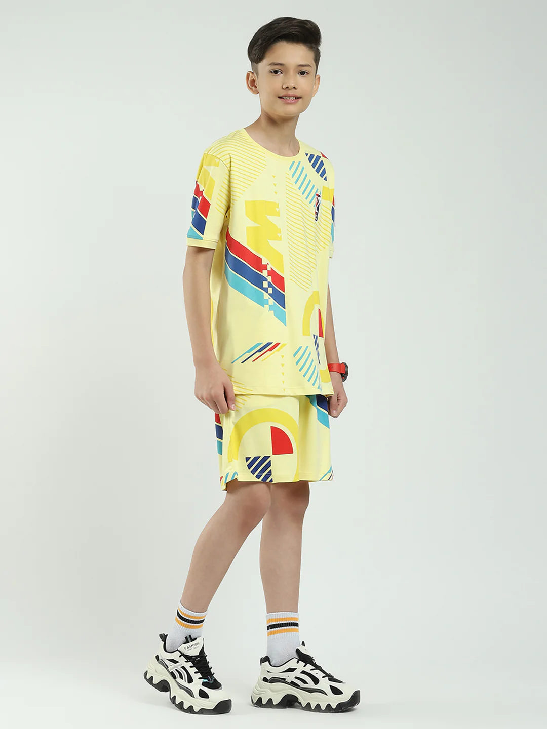 Boys Yellow Printed Round Neck Half Sleeve Bermuda Set - Image 4