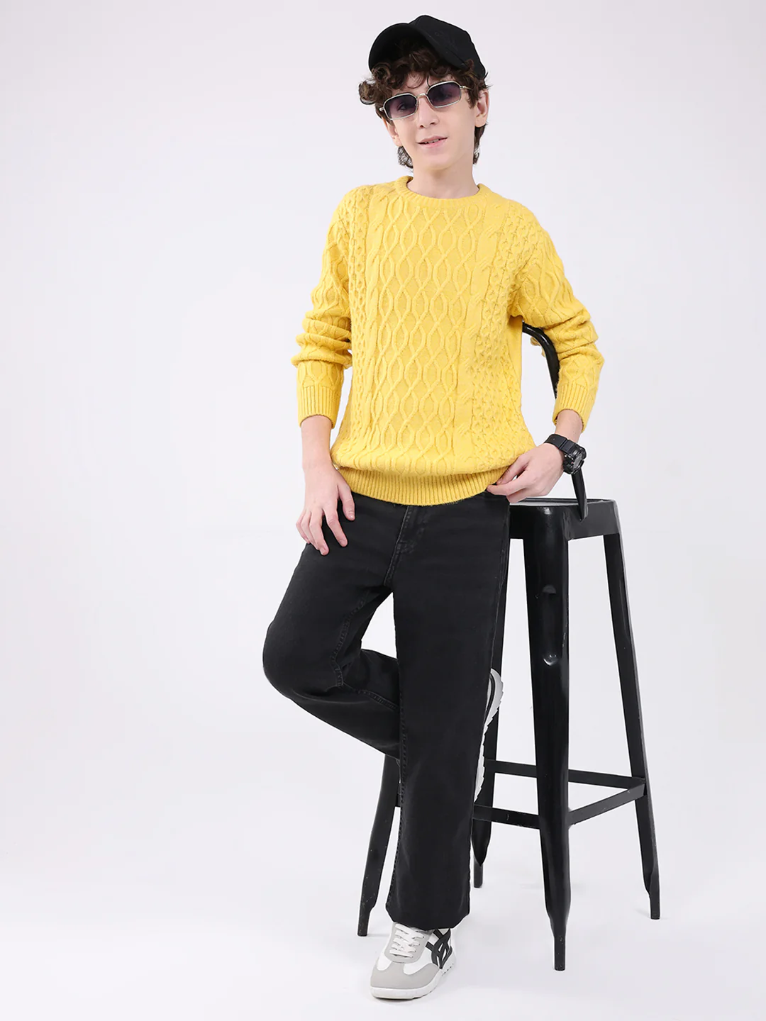 Boys Yellow Self Design Round Neck Full Sleeve Pullover - Image 2