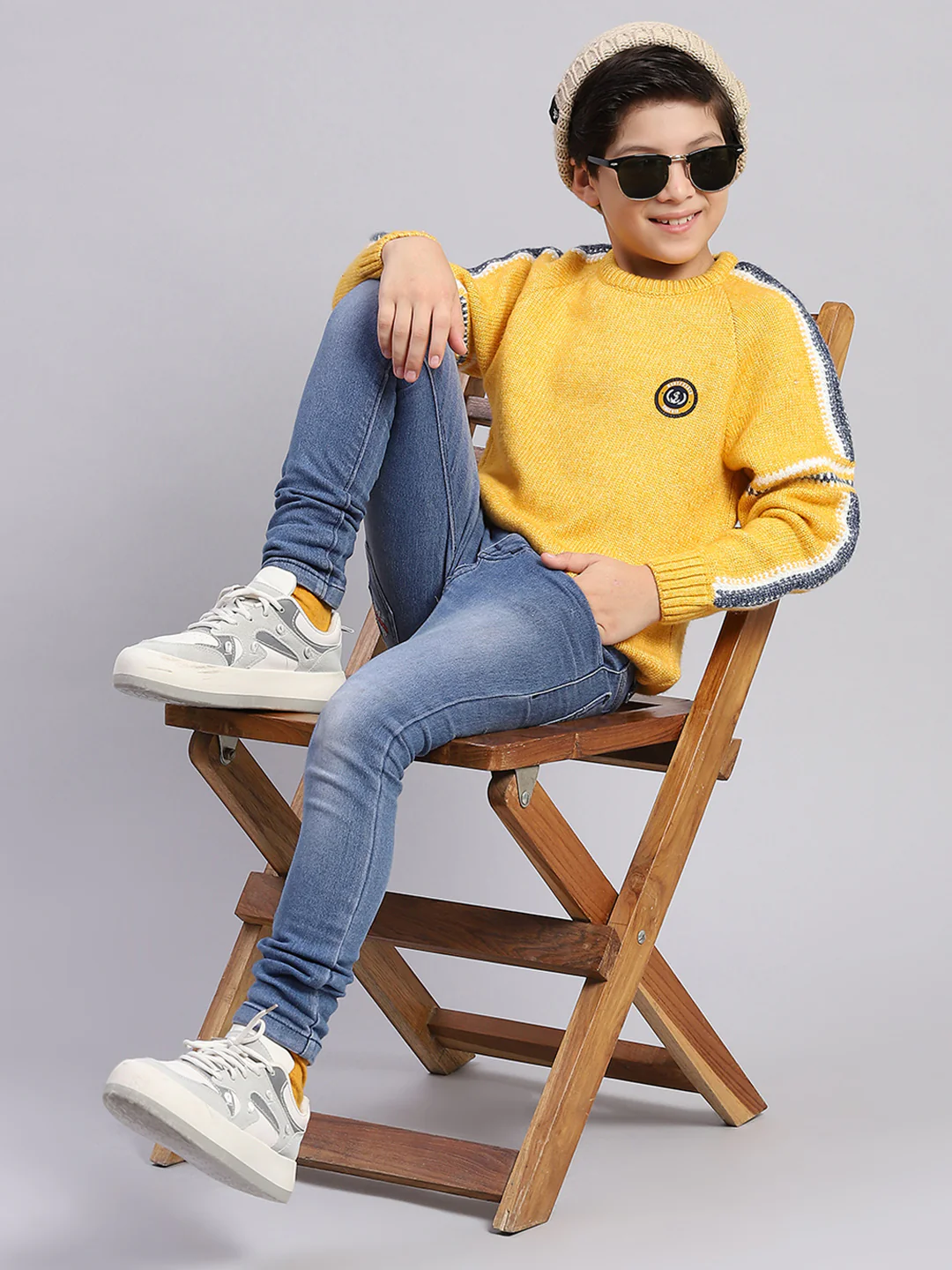Boys Yellow Self Design Round Neck Full Sleeve Sweater - Image 2