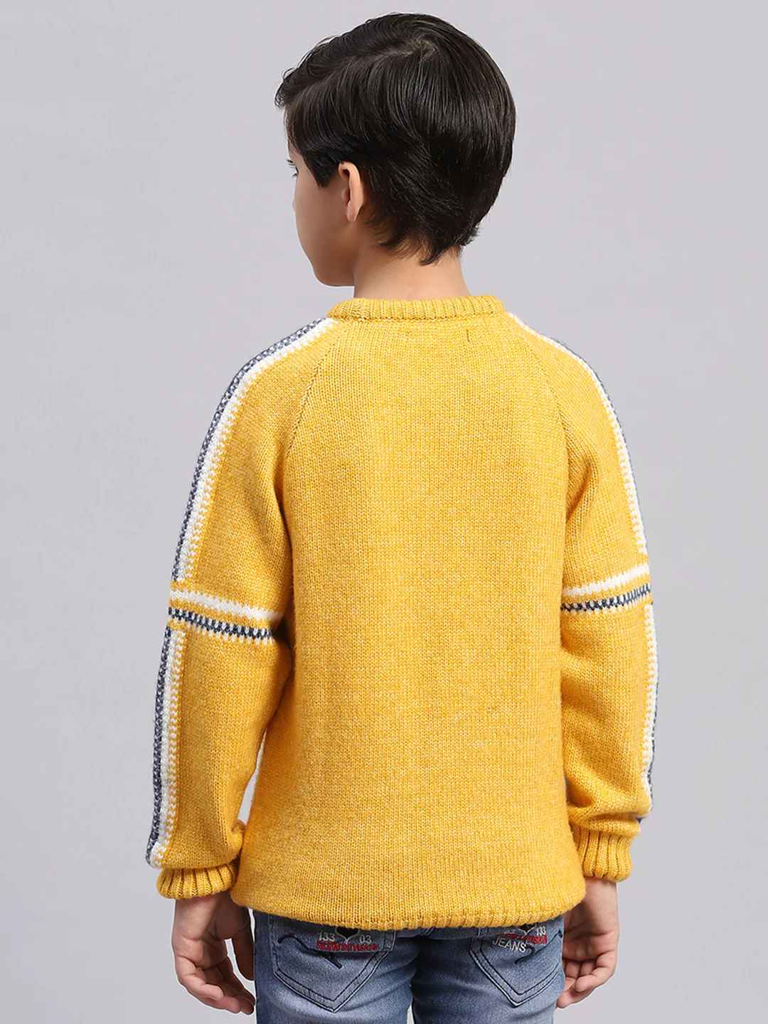 Boys Yellow Self Design Round Neck Full Sleeve Sweater - Image 5