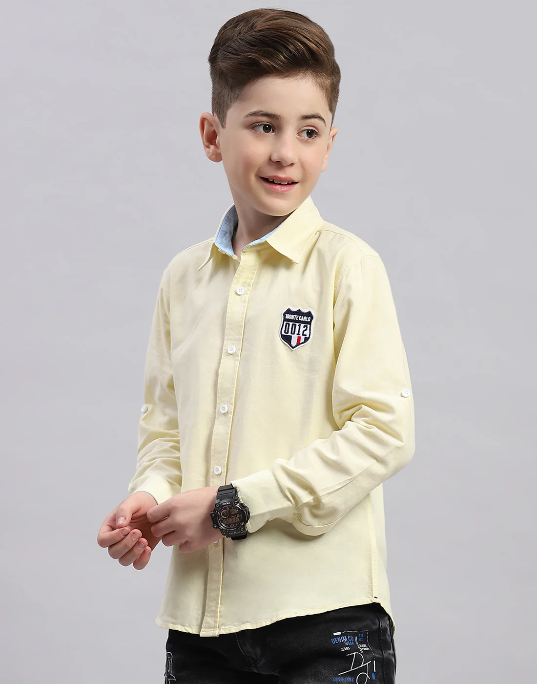 Boys Yellow Solid Collar Full Sleeve Shirt - Image 3