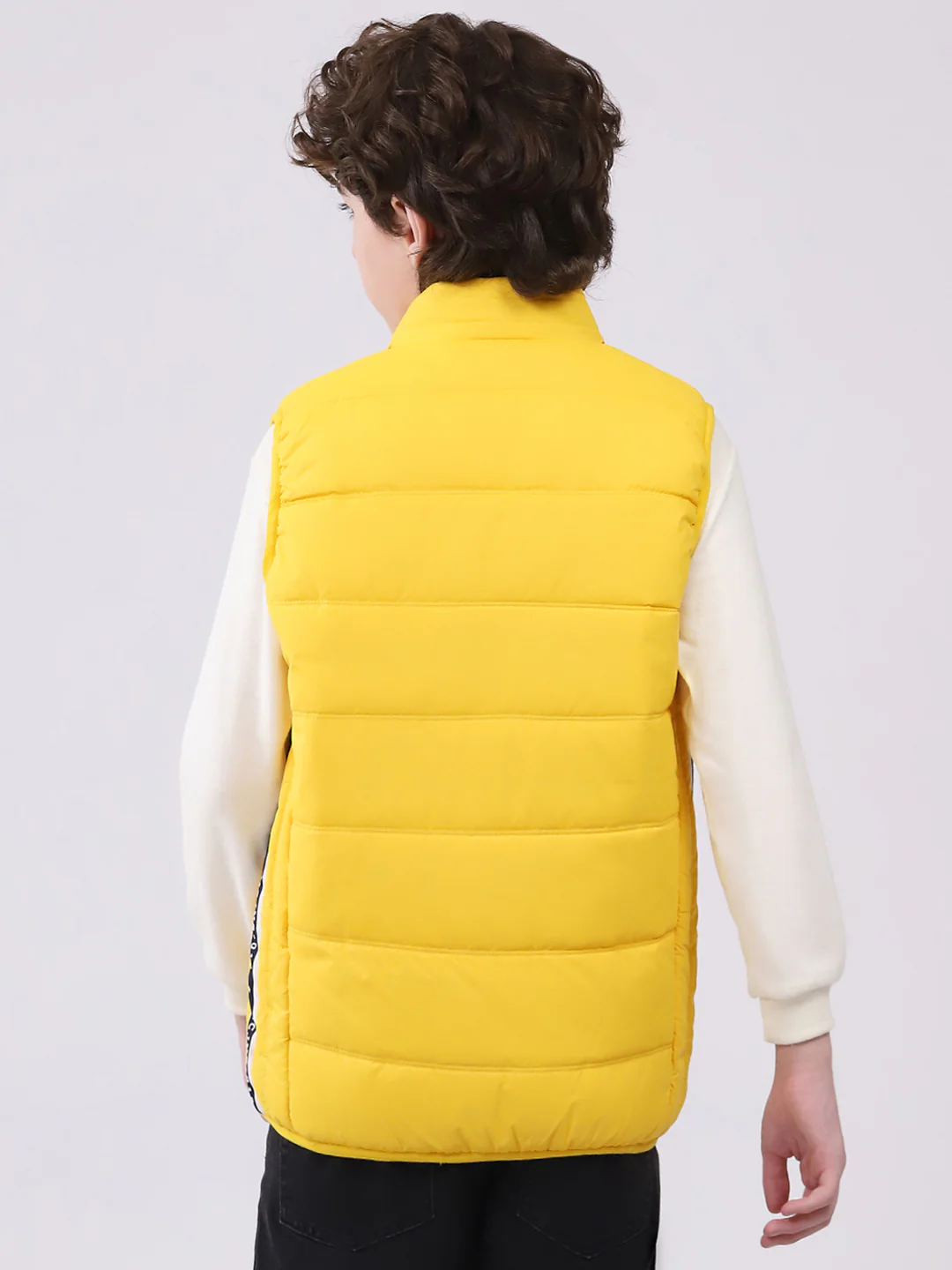 Boys Yellow Solid Mock Neck Sleeveless Boys Jacket - Image 5