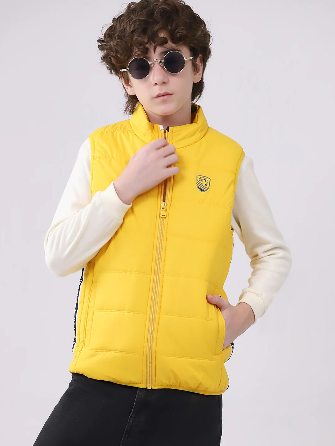 Boys Yellow Solid Mock Neck Sleeveless Boys Jacket - Image 6