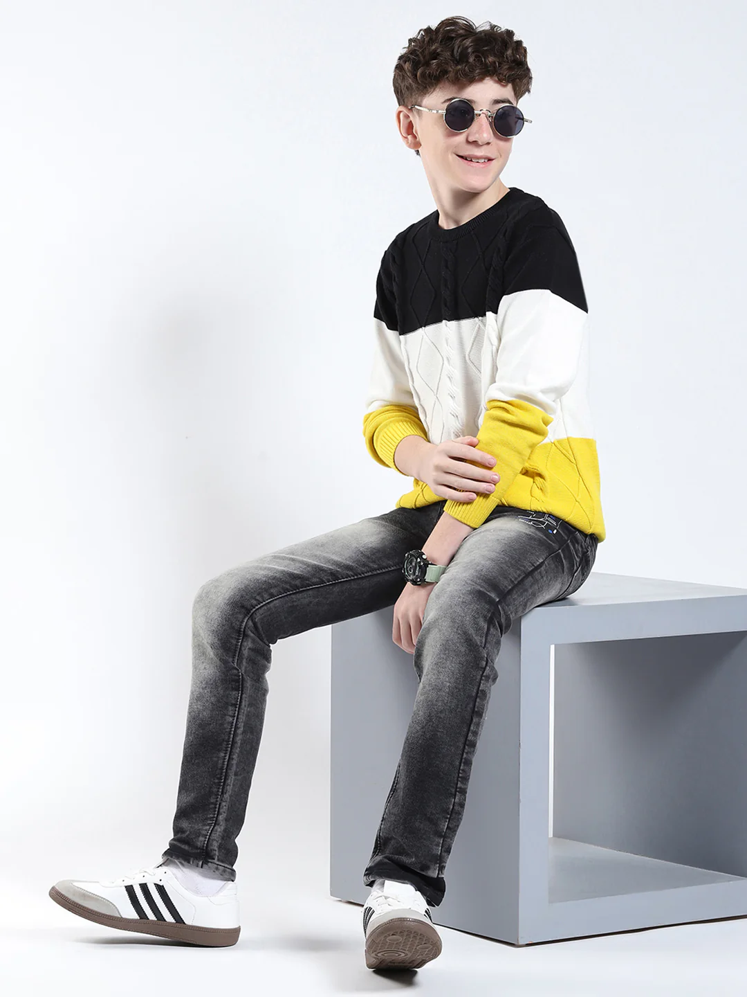 Boys Yellow Stripe Round Neck Full Sleeve Pullover - Image 2
