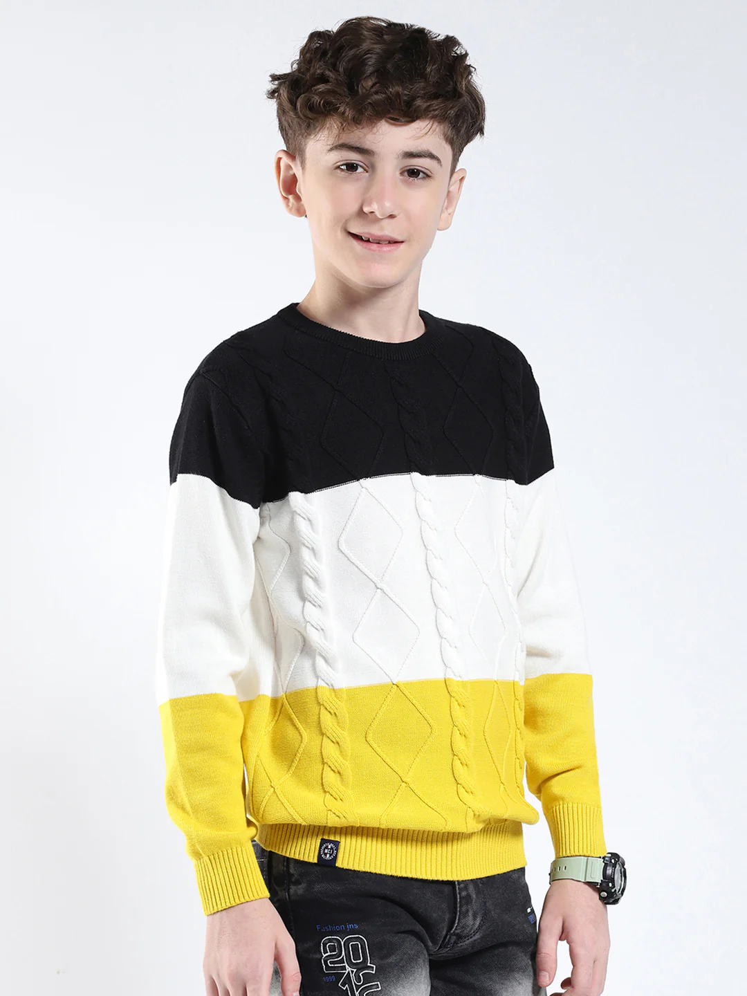 Boys Yellow Stripe Round Neck Full Sleeve Pullover - Image 4