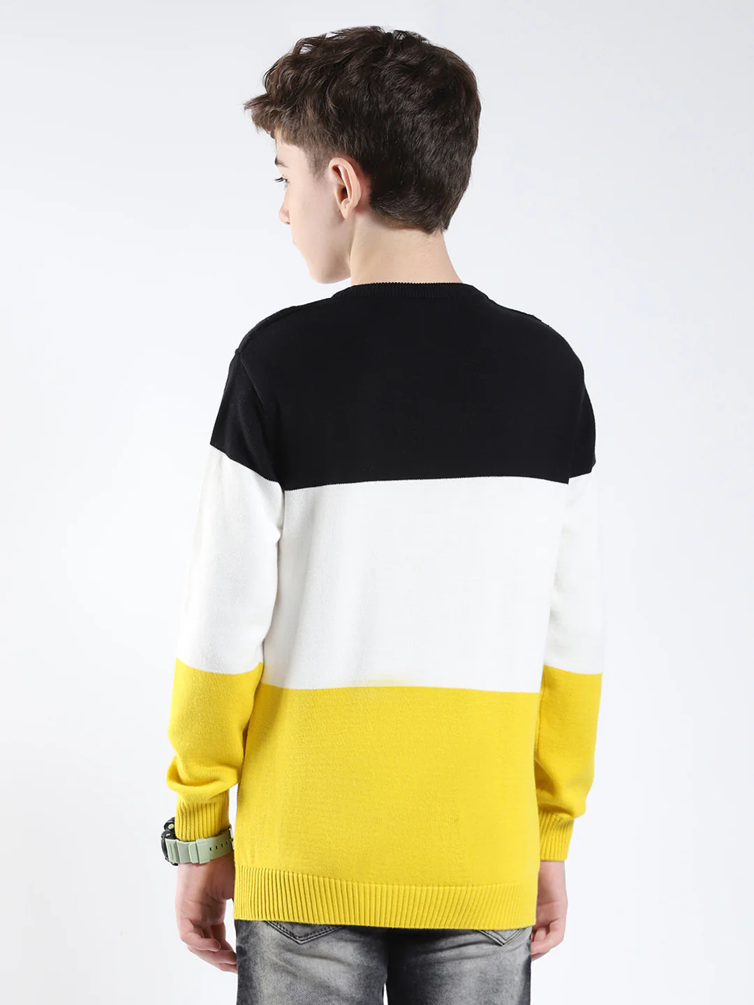 Boys Yellow Stripe Round Neck Full Sleeve Pullover - Image 5