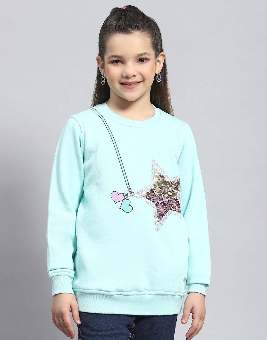 Girls Aqua Blue Embellished Round Neck Full Sleeve Sweatshirt - Image 2