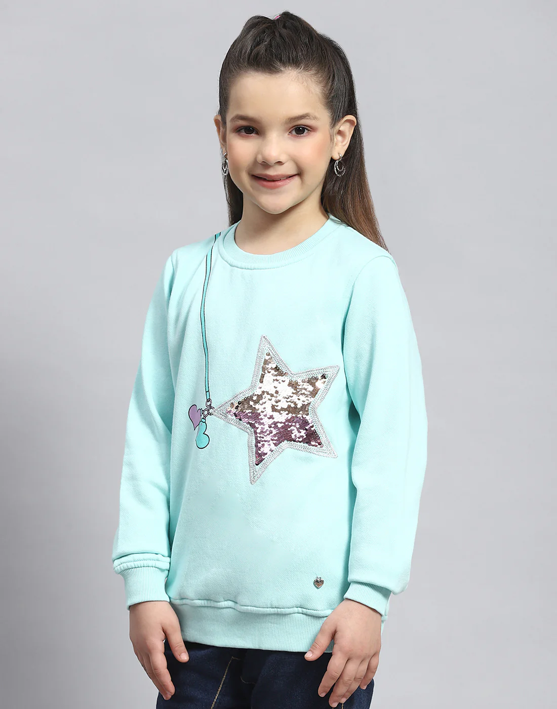Girls Aqua Blue Embellished Round Neck Full Sleeve Sweatshirt - Image 3