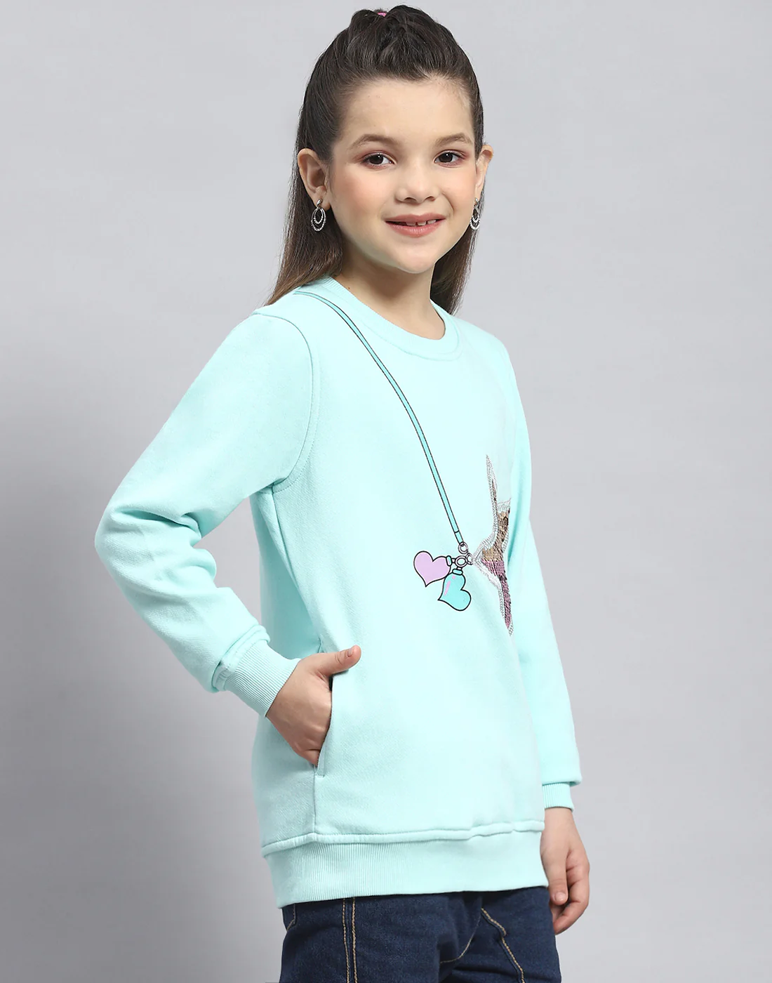 Girls Aqua Blue Embellished Round Neck Full Sleeve Sweatshirt - Image 4