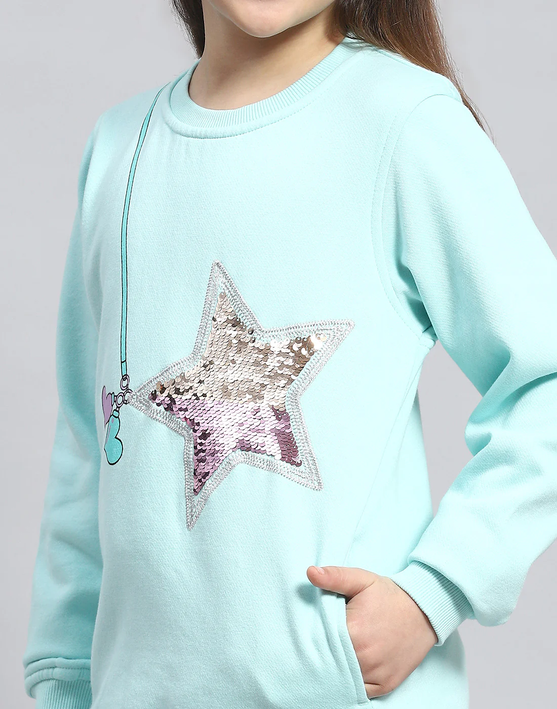 Girls Aqua Blue Embellished Round Neck Full Sleeve Sweatshirt - Image 6