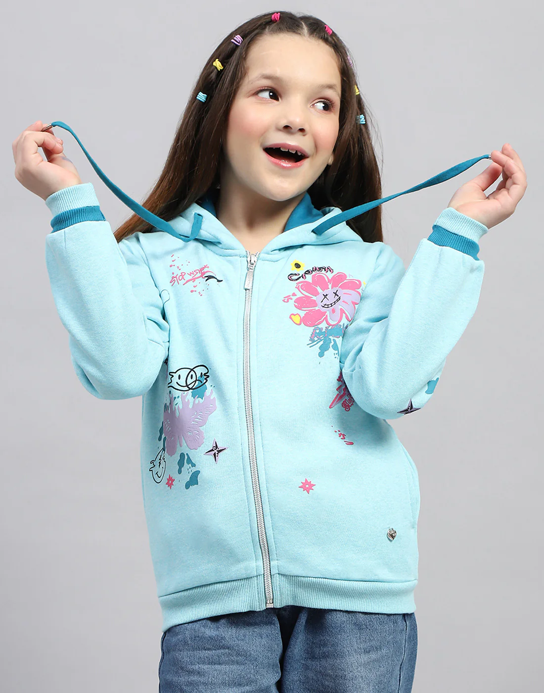 Girls Aqua Blue Printed Hooded Full Sleeve Sweatshirt - Image 2