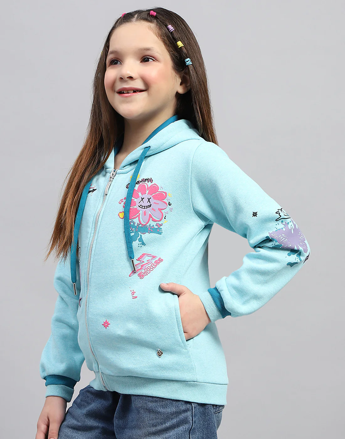 Girls Aqua Blue Printed Hooded Full Sleeve Sweatshirt - Image 3