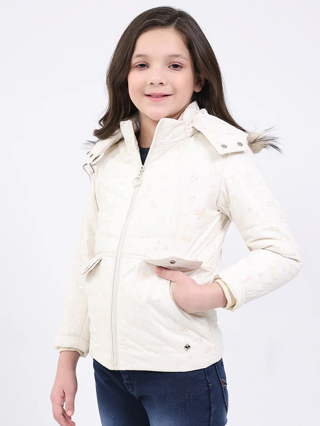 Girls Beige Printed Hooded Full Sleeve Jacket - Image 3