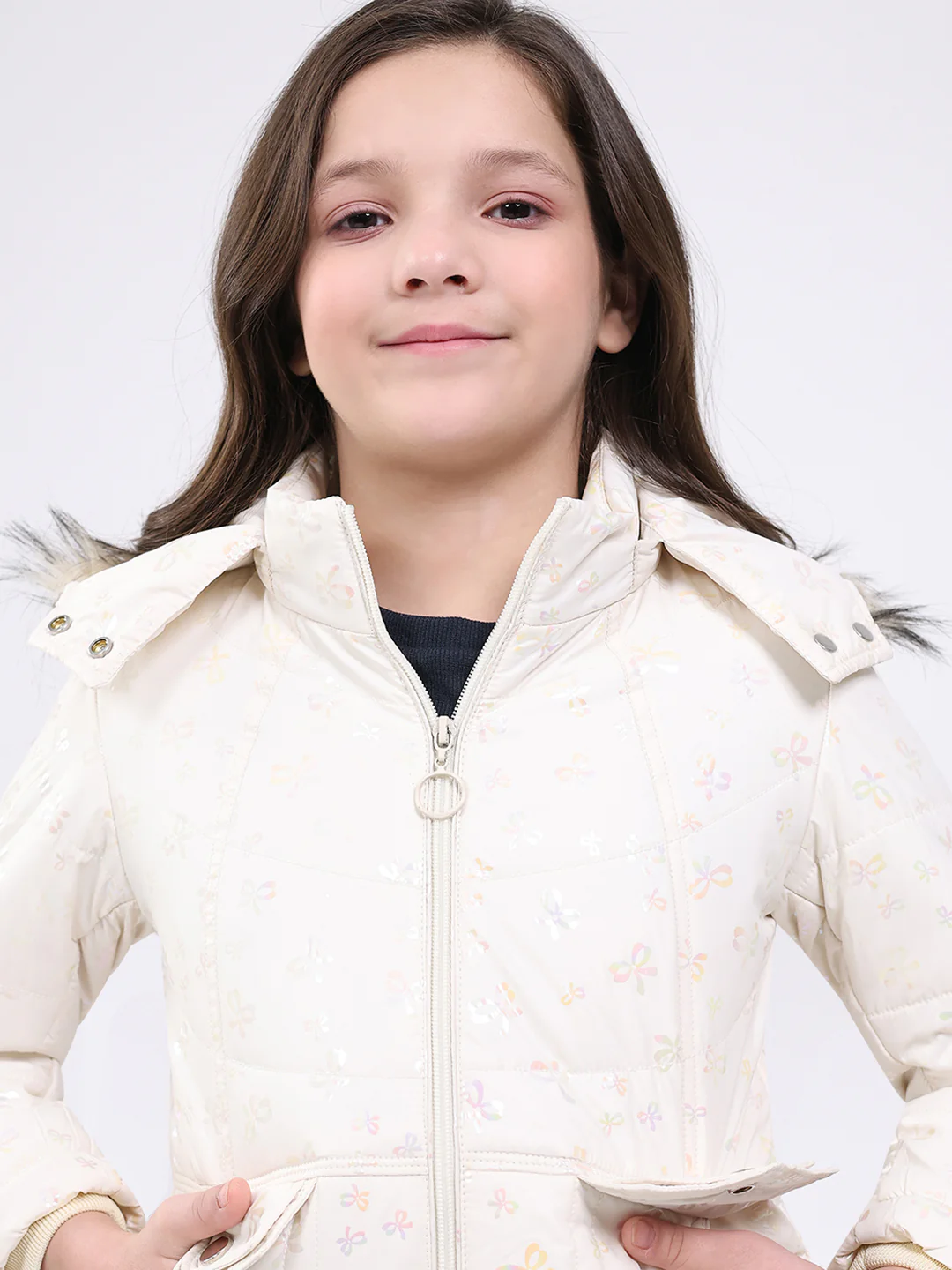 Girls Beige Printed Hooded Full Sleeve Jacket - Image 6