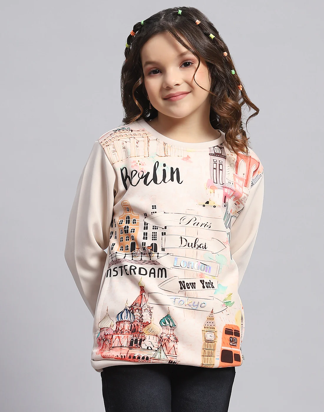Girls Beige Printed Round Neck Full Sleeve Sweatshirt - Image 3