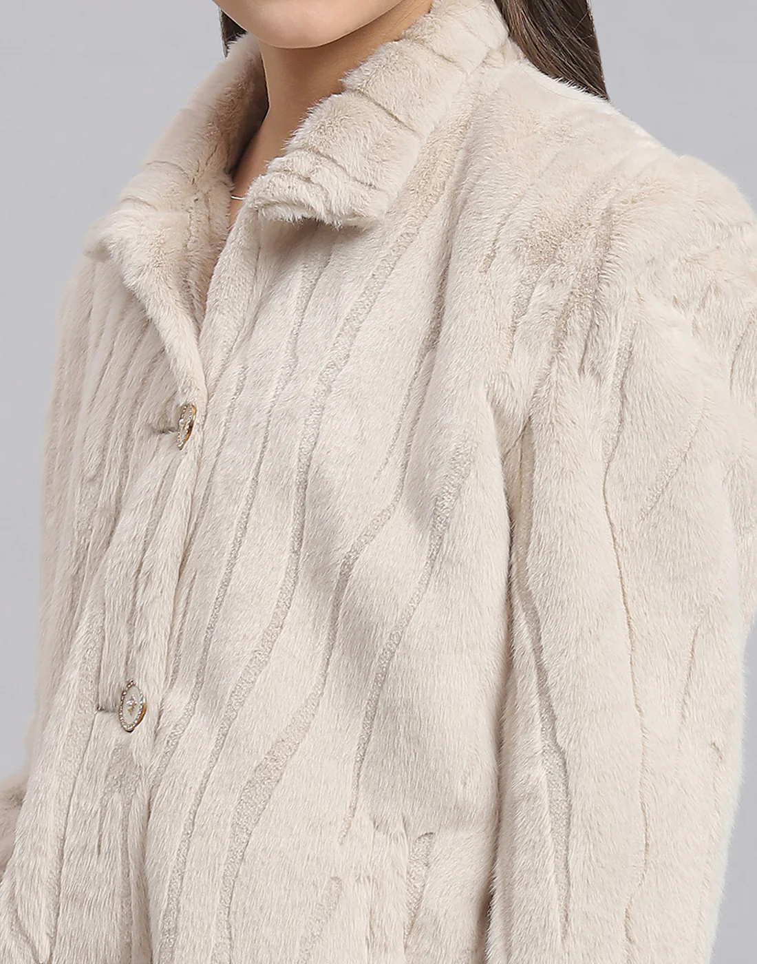Girls Beige Self Design Collar Full Sleeve Coat - Image 6