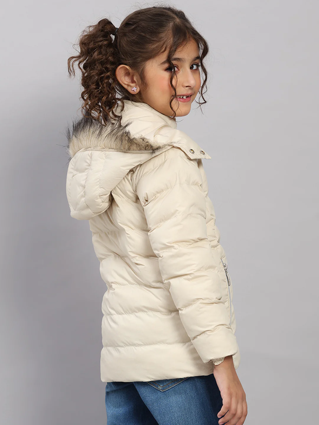 Girls Beige Self Design Hooded Full Sleeve Jacket - Image 5