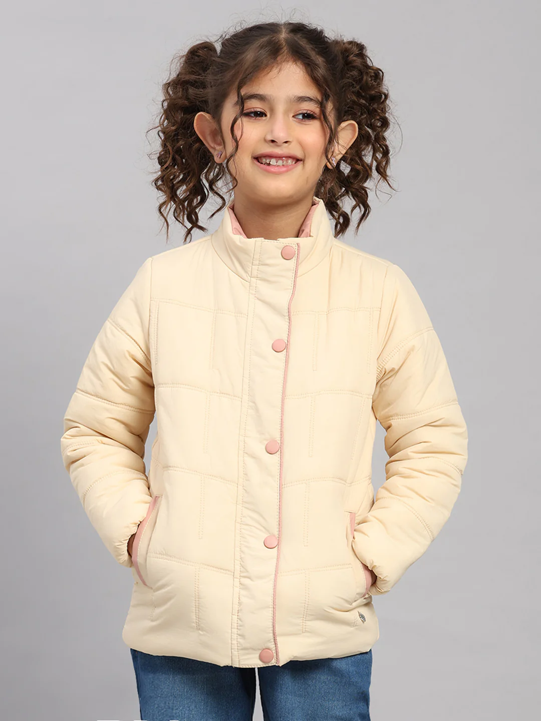 Girls Beige Solid Collar Full Sleeve Jacket