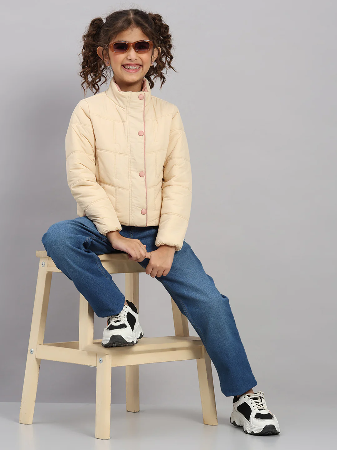 Girls Beige Solid Collar Full Sleeve Jacket - Image 2
