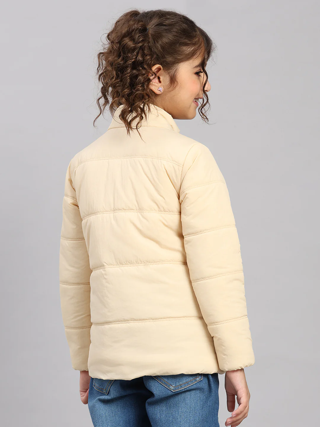 Girls Beige Solid Collar Full Sleeve Jacket - Image 5