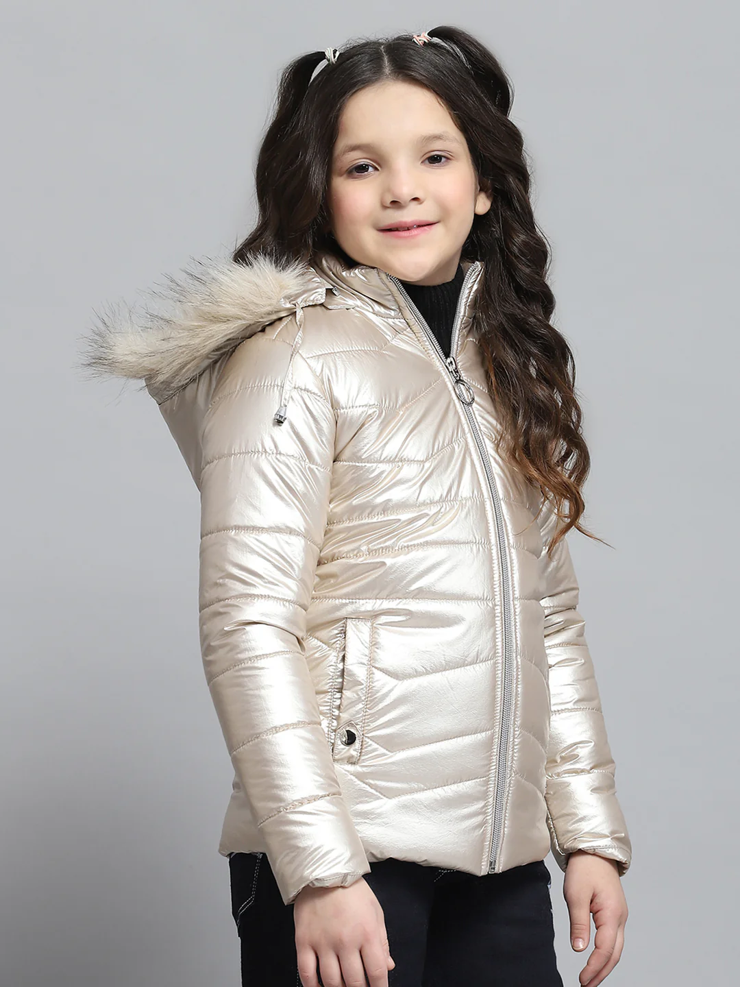 Girls Beige Solid Hooded Full Sleeve Jacket - Image 4