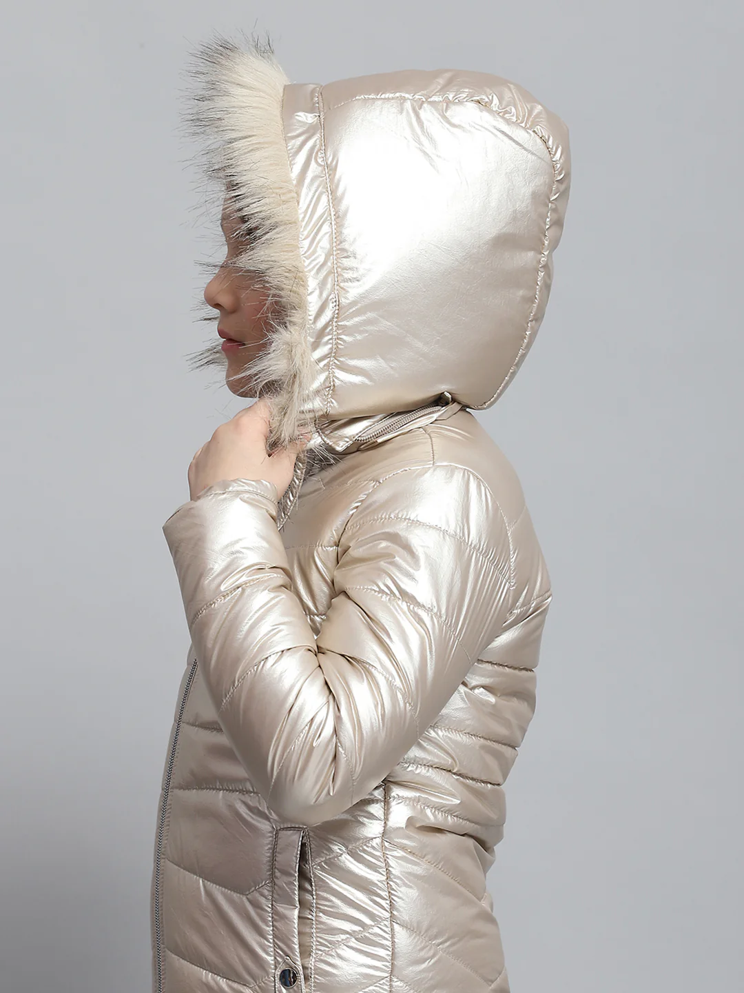 Girls Beige Solid Hooded Full Sleeve Jacket - Image 6
