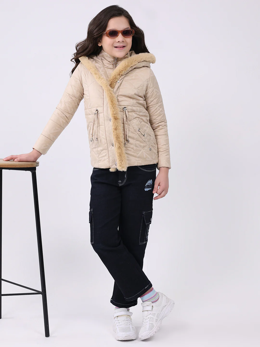 Girls Beige Solid Hooded Full Sleeve Jacket - Image 2