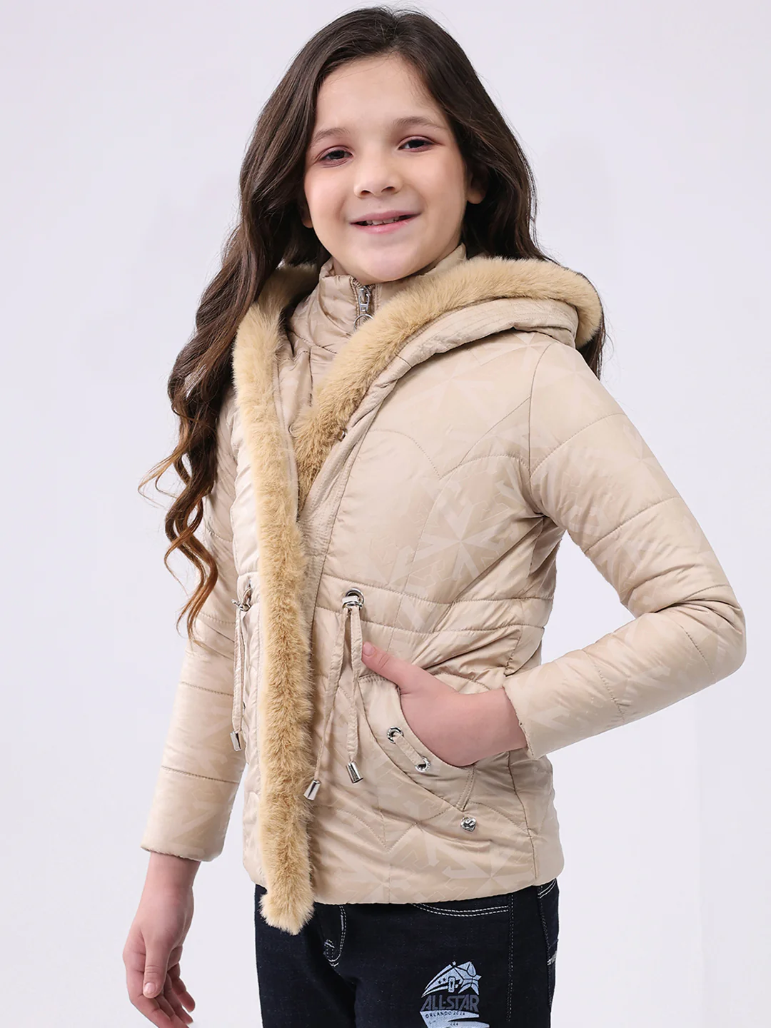 Girls Beige Solid Hooded Full Sleeve Jacket - Image 3
