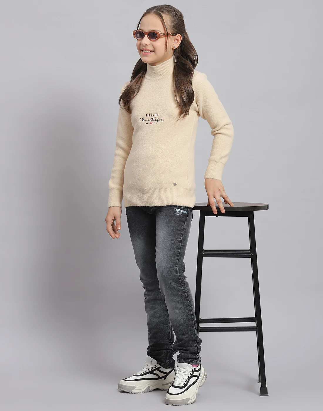 Girls Beige Solid T Neck Full Sleeve Sweater - Image 2
