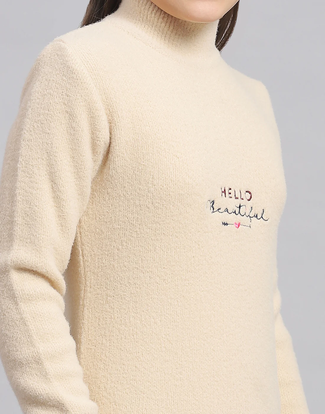 Girls Beige Solid T Neck Full Sleeve Sweater - Image 6
