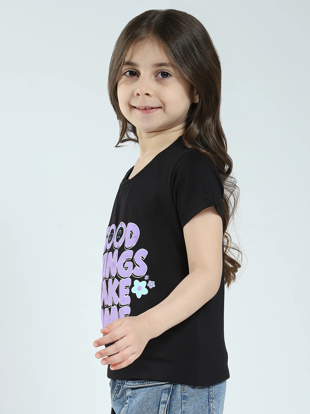 Girls Black & Blue Printed Round Neck Half Sleeve Top 2Pc Set - Image 8