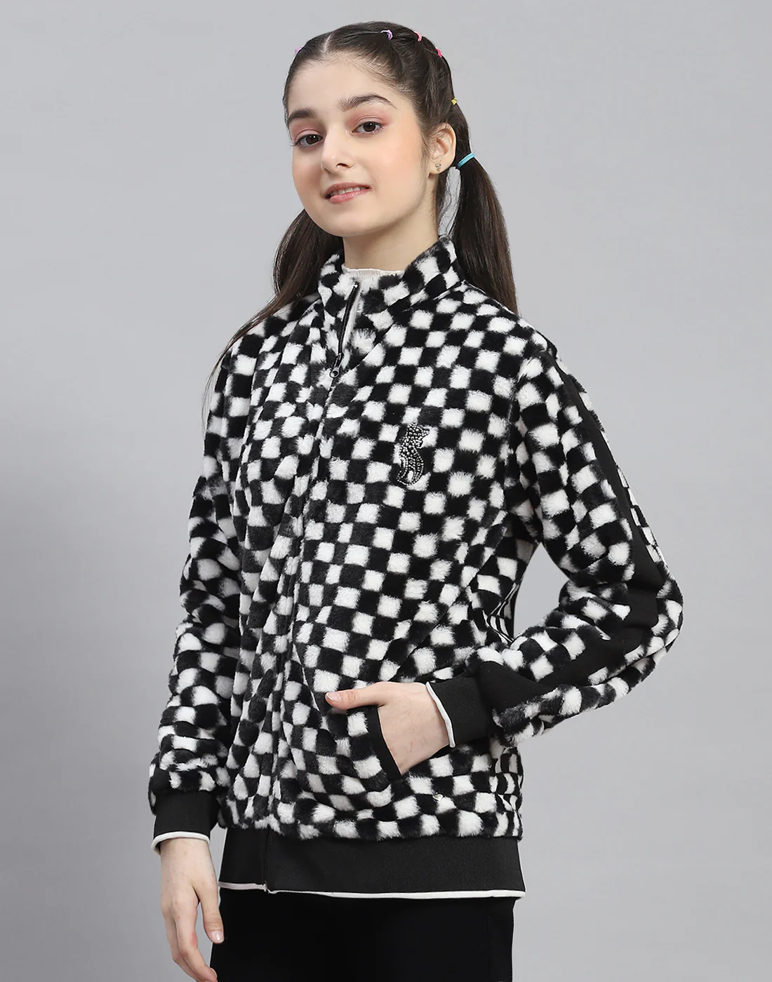 Girls Black Check Stand Collar Full Sleeve Sweatshirt - Image 3