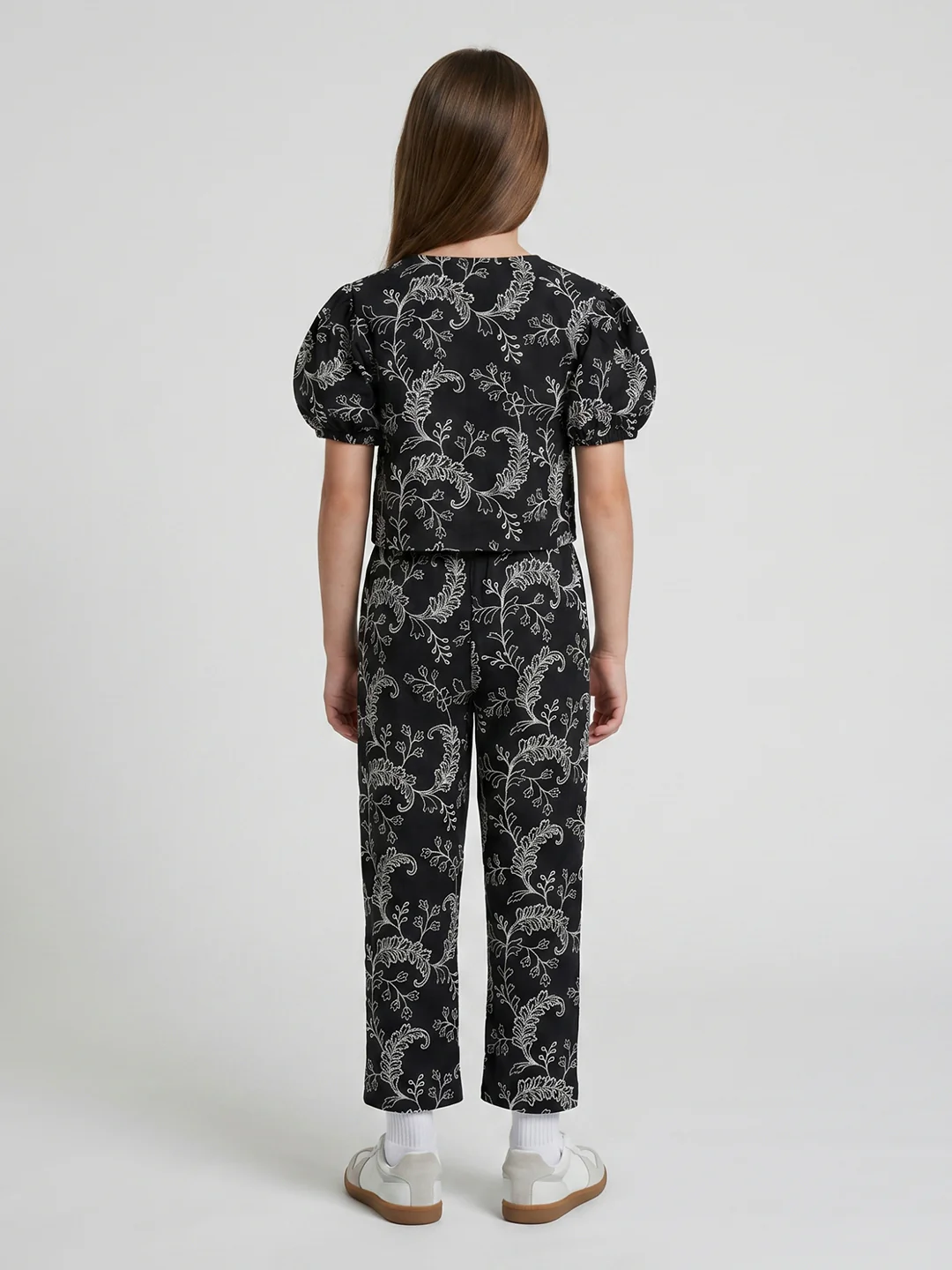 Girls Black Embroidered Round Neck Half Sleeve Cords Set - Image 4