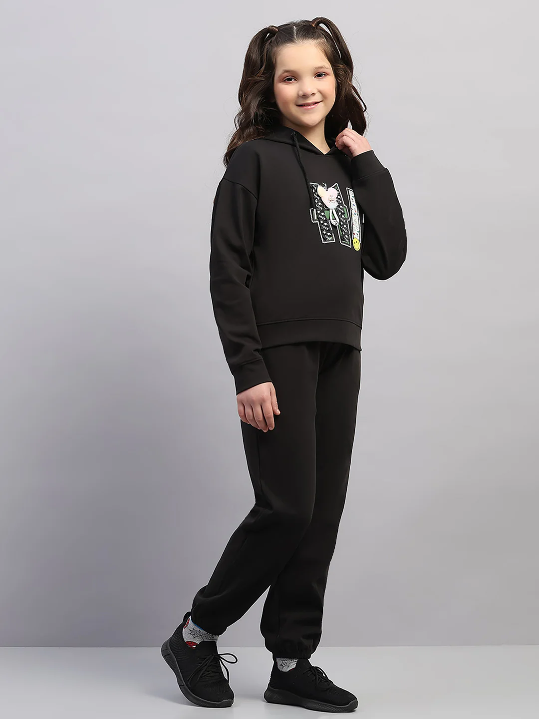 Girls Black Printed Hooded Full Sleeve Cords Set - Image 4
