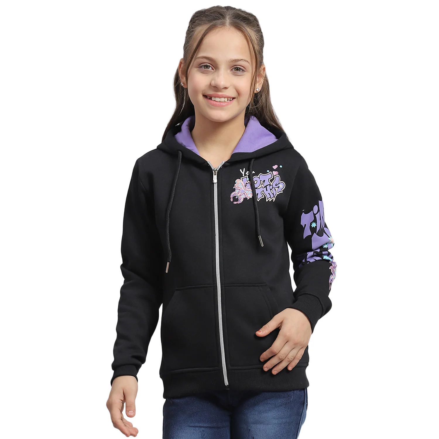 Girls Black Printed Hooded Full Sleeve Sweatshirt - Image 5