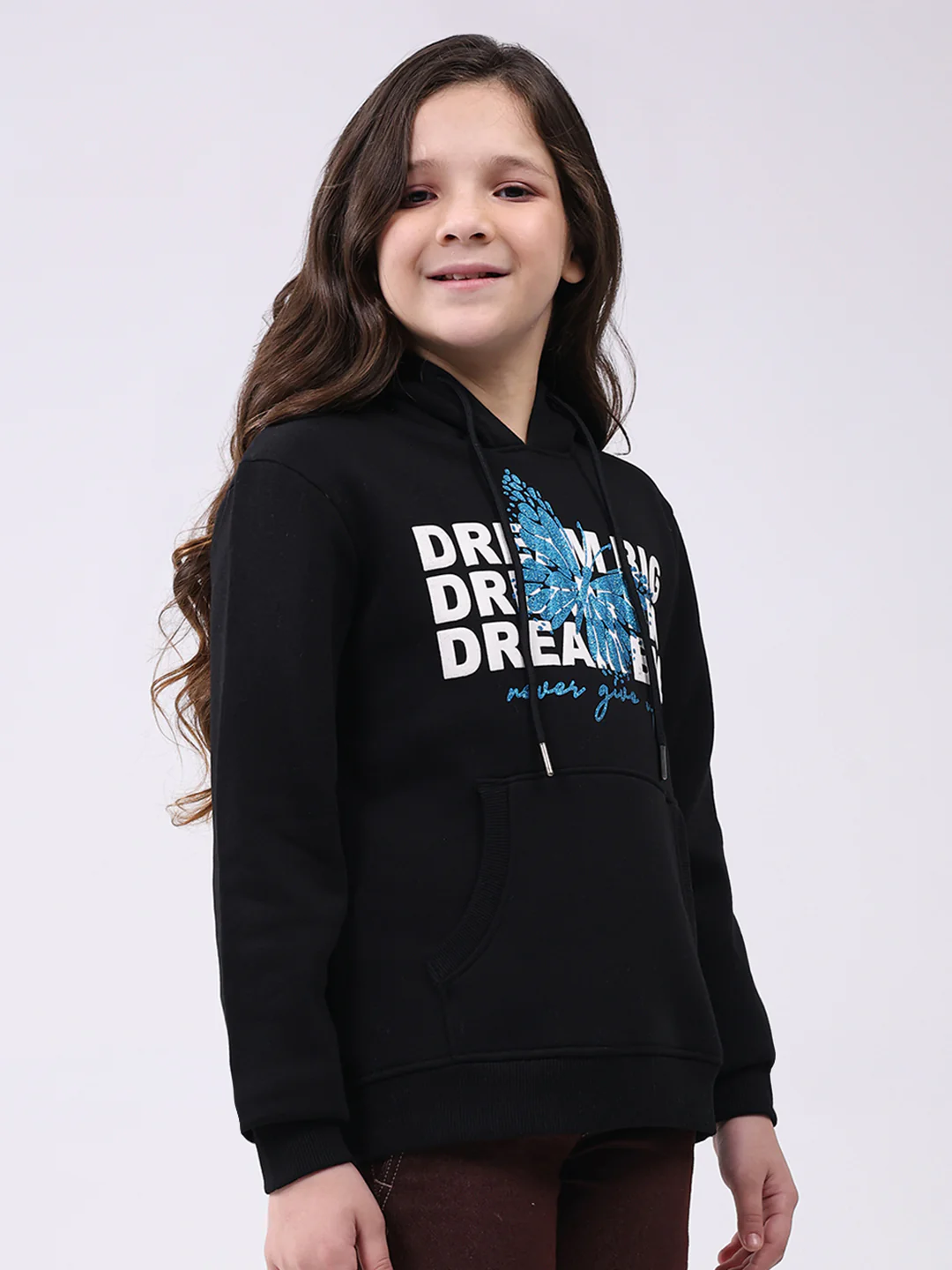 Girls Black Printed Hooded Full Sleeve Sweatshirt - Image 4