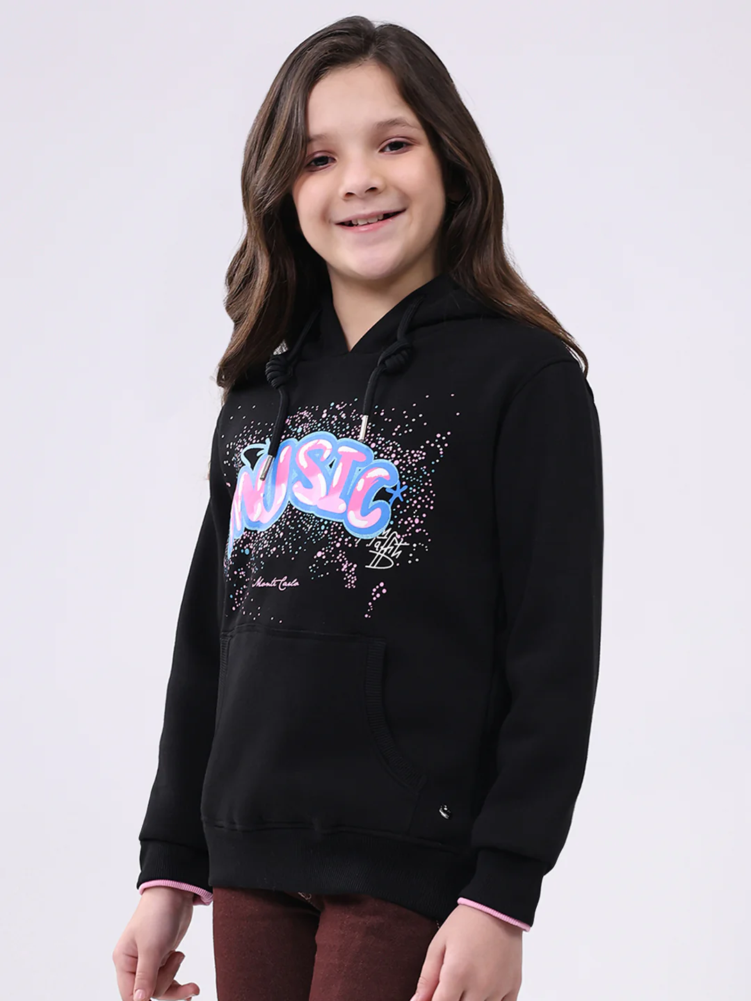 Girls Black Printed Hooded Full Sleeve Sweatshirt - Image 3