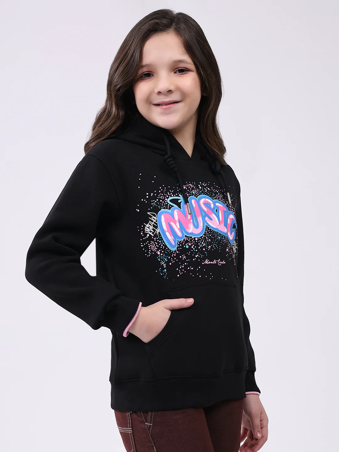 Girls Black Printed Hooded Full Sleeve Sweatshirt - Image 4