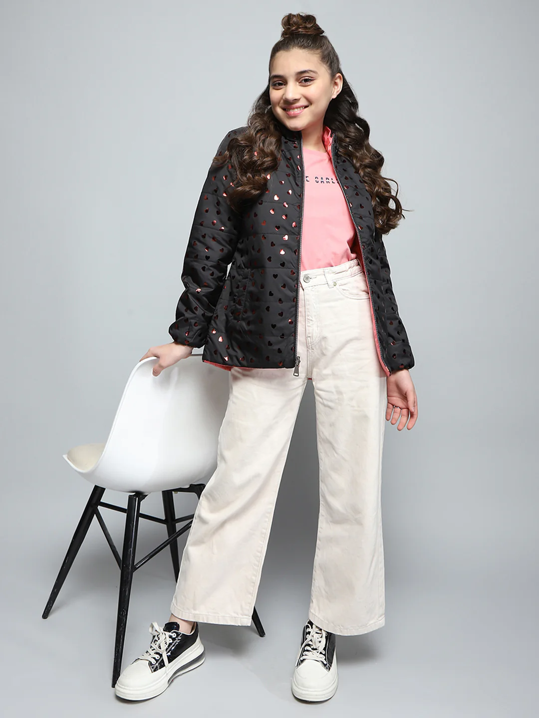 Girls Black Printed Mock Neck Full Sleeve Reversible Jacket - Image 2