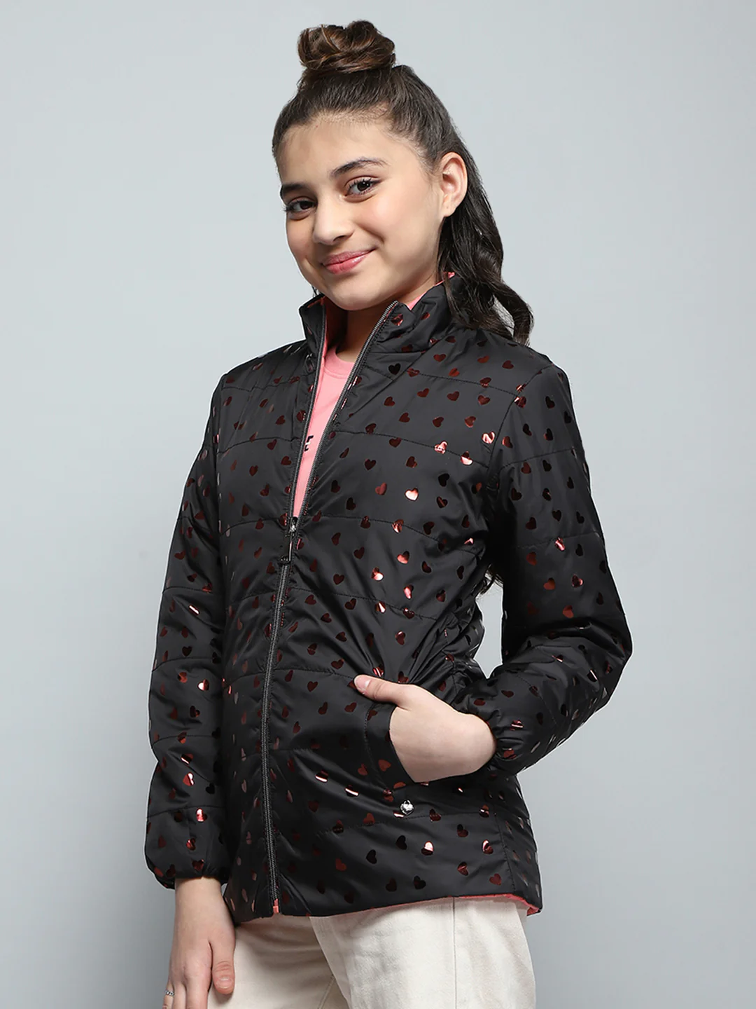 Girls Black Printed Mock Neck Full Sleeve Reversible Jacket - Image 3